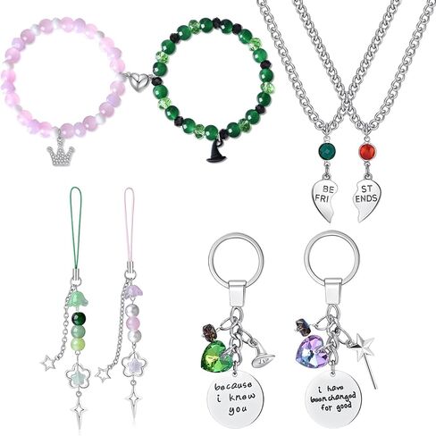 8pcs مجموعة هدايا أفضل أصدقاء مستوحاة من الأشرار-سلاسل مفاتيح Elphaba & Glinda ، أساور مطابقة ، قلادات قلادة القلب وسحر BFF ، هدايا عيد الميلاد وعيد الحب المثالية للعشاق للجماهير in Kuwait