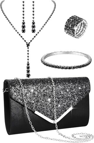 Henoyso 5 Pcs Purse Rhinestone Jewelry Set Prom Jewelry Rhinestone Clutch Purse Necklace Earrings Bracelets for Wedding Women Bride in Saudi Arabia