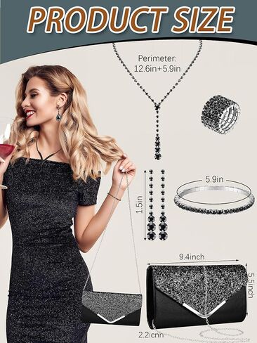Henoyso 5 Pcs Purse Rhinestone Jewelry Set Prom Jewelry Rhinestone Clutch Purse Necklace Earrings Bracelets for Wedding Women Bride in Saudi Arabia