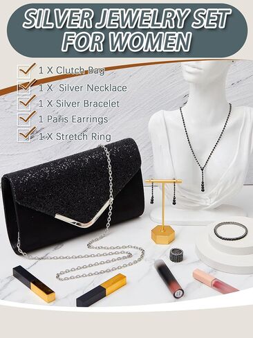 Henoyso 5 Pcs Purse Rhinestone Jewelry Set Prom Jewelry Rhinestone Clutch Purse Necklace Earrings Bracelets for Wedding Women Bride in Saudi Arabia