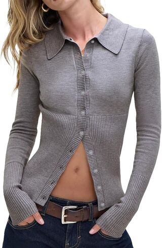BAIGRAM Women Open Front Button Down Lapel Neck Ribbed Knit Polo Collar Y2K Cardigan Sweater Long Sleeve Fall Trendy Outfits in Saudi Arabia