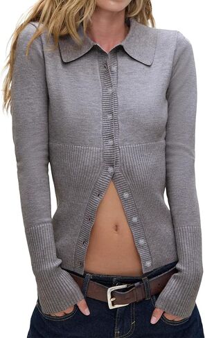 BAIGRAM Women Open Front Button Down Lapel Neck Ribbed Knit Polo Collar Y2K Cardigan Sweater Long Sleeve Fall Trendy Outfits in Saudi Arabia