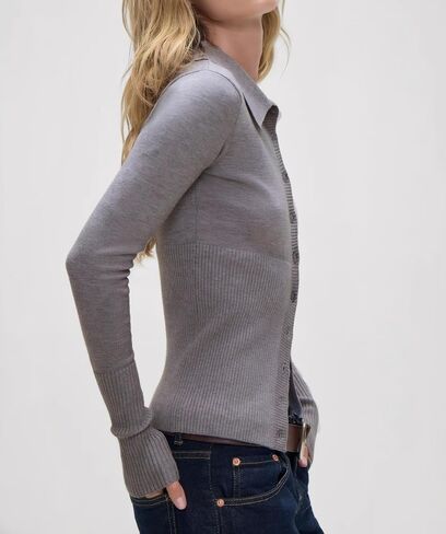 BAIGRAM Women Open Front Button Down Lapel Neck Ribbed Knit Polo Collar Y2K Cardigan Sweater Long Sleeve Fall Trendy Outfits in Saudi Arabia