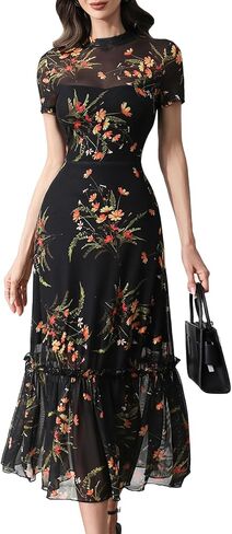 GothDark Women's Summer Floral Mesh Ruffle Dress Short Sleeve Round Neck Waist Cinched Casual Maxi Wedding Guest Dresses in Kuwait