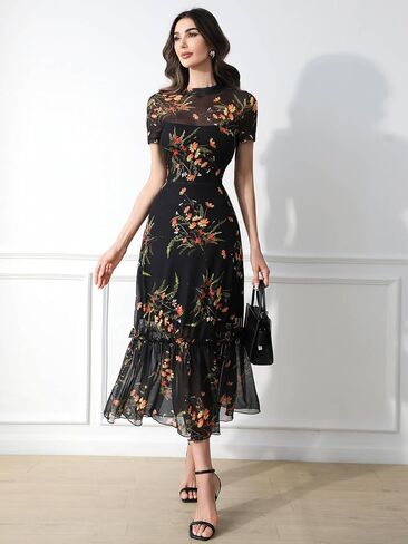 GothDark Women's Summer Floral Mesh Ruffle Dress Short Sleeve Round Neck Waist Cinched Casual Maxi Wedding Guest Dresses in Kuwait