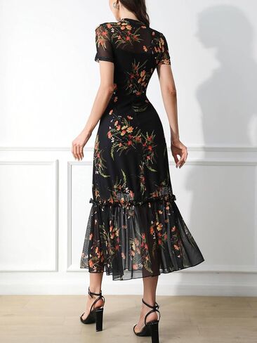 GothDark Women's Summer Floral Mesh Ruffle Dress Short Sleeve Round Neck Waist Cinched Casual Maxi Wedding Guest Dresses in Kuwait