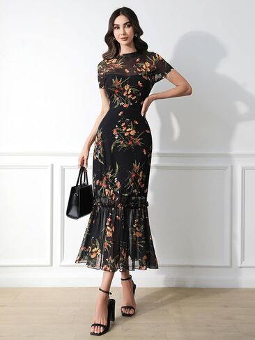 GothDark Women's Summer Floral Mesh Ruffle Dress Short Sleeve Round Neck Waist Cinched Casual Maxi Wedding Guest Dresses in Kuwait