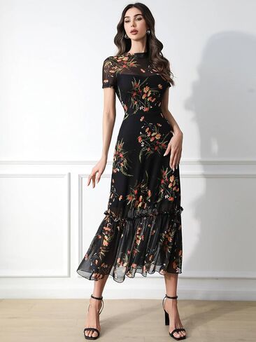 GothDark Women's Summer Floral Mesh Ruffle Dress Short Sleeve Round Neck Waist Cinched Casual Maxi Wedding Guest Dresses in Kuwait