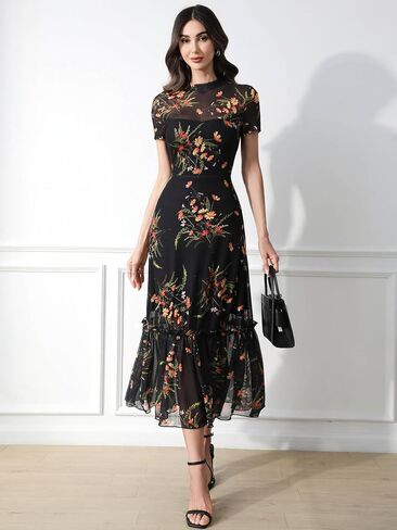 GothDark Women's Summer Floral Mesh Ruffle Dress Short Sleeve Round Neck Waist Cinched Casual Maxi Wedding Guest Dresses in Kuwait