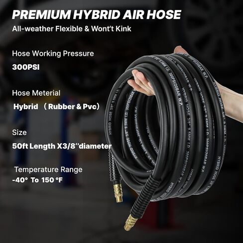 Air Hose 3/8-Inch by 50-Feet 300 PSI Heavy Duty, Lightweight, Hybrid with Brass Male Fittings, Bend Restrictors, Black in Saudi Arabia