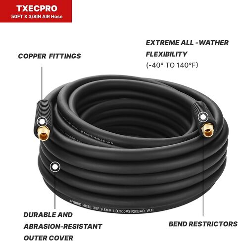 Air Hose 3/8-Inch by 50-Feet 300 PSI Heavy Duty, Lightweight, Hybrid with Brass Male Fittings, Bend Restrictors, Black in Saudi Arabia