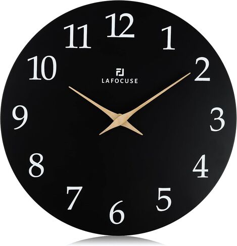 Lafocuse 12 Inch Silent Black Wall Clock Battery Operated for Living Room Decor, Simple Minimalist Wooden Wall Clock for Kitchen Bedroom Office in Saudi Arabia