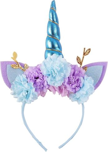 Unicorn Crown Headband Artifical Flower Glitter Horn Headbands for Birthday Cosplay Decor in Kuwait