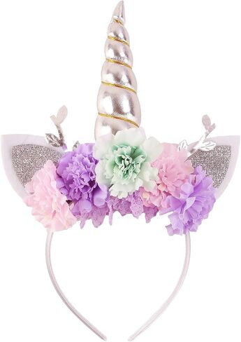 Unicorn Crown Headband Artifical Flower Glitter Horn Headbands for Birthday Cosplay Decor in Kuwait