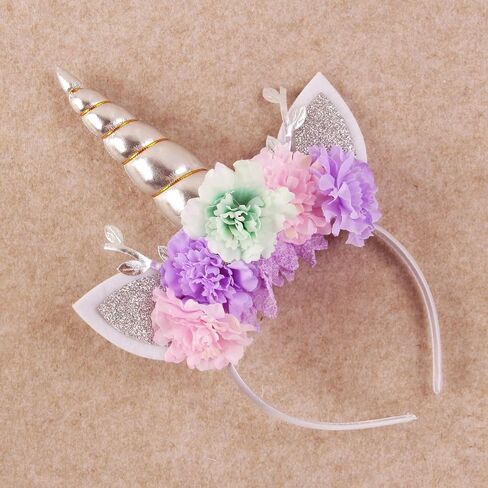 Unicorn Crown Headband Artifical Flower Glitter Horn Headbands for Birthday Cosplay Decor in Kuwait