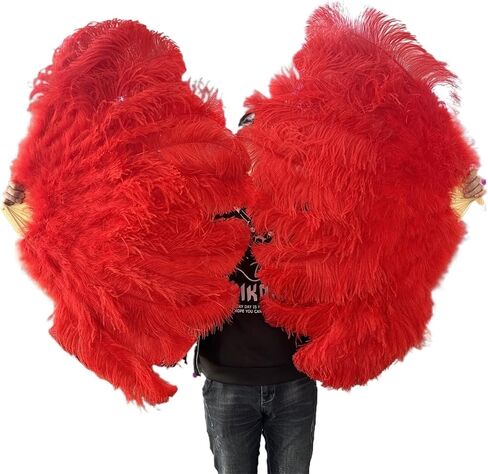 Feather Fan 90CM Ostrich Feathers Fan 13Bone Stage Show Performance Dance Props Plumages Fans Foldable with Crafts Fan Feather(Red,A Pair(2PCS)) in Saudi Arabia