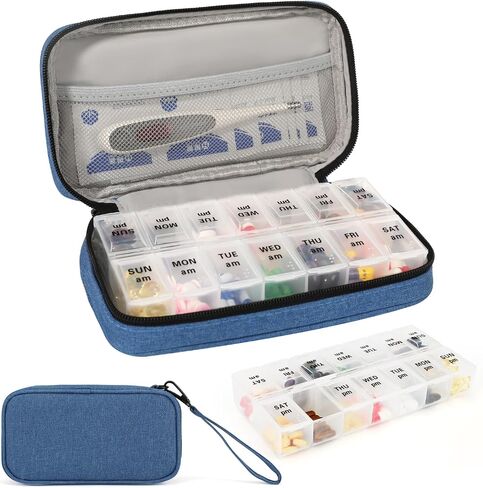 Weekly Pill Organizer 3X a Day, Travel Pill Box 7 Day for Purse, Daily Pill Organizer, Pill Dispenser Medicine Organizer for Vitamins, Fish Oils, Medications, Supplements(Black, Medium) in Kuwait
