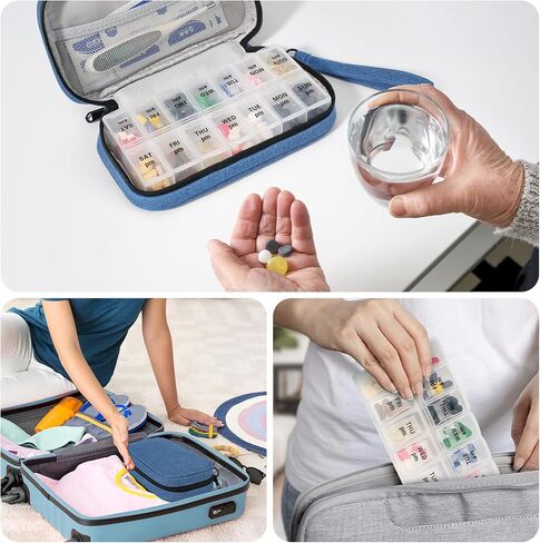 Weekly Pill Organizer 3X a Day, Travel Pill Box 7 Day for Purse, Daily Pill Organizer, Pill Dispenser Medicine Organizer for Vitamins, Fish Oils, Medications, Supplements(Black, Medium) in Kuwait