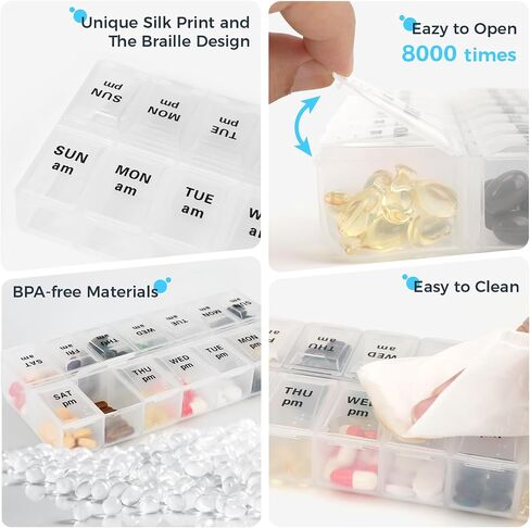 Weekly Pill Organizer 3X a Day, Travel Pill Box 7 Day for Purse, Daily Pill Organizer, Pill Dispenser Medicine Organizer for Vitamins, Fish Oils, Medications, Supplements(Black, Medium) in Kuwait