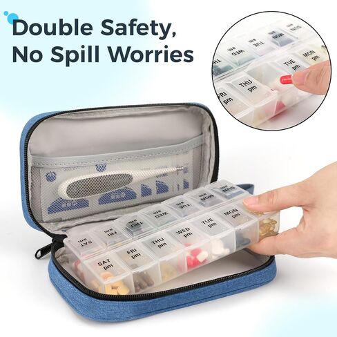 Weekly Pill Organizer 3X a Day, Travel Pill Box 7 Day for Purse, Daily Pill Organizer, Pill Dispenser Medicine Organizer for Vitamins, Fish Oils, Medications, Supplements(Black, Medium) in Kuwait