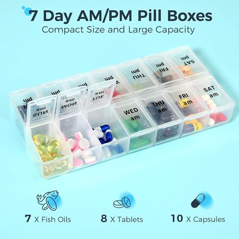 Weekly Pill Organizer 3X a Day, Travel Pill Box 7 Day for Purse, Daily Pill Organizer, Pill Dispenser Medicine Organizer for Vitamins, Fish Oils, Medications, Supplements(Black, Medium) in Kuwait