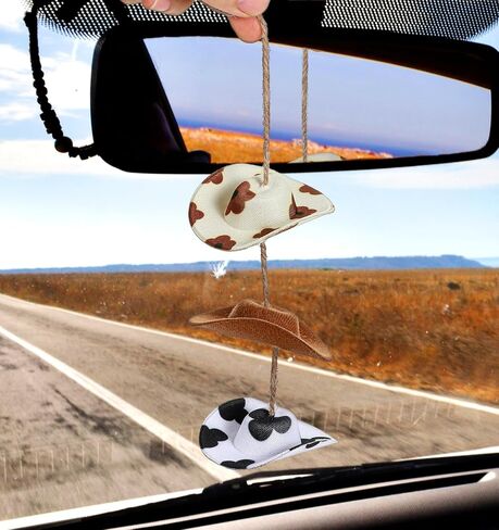 Western Car Accessories for Women, Car Charms for Rear View Mirror, Western Car Decor, Car Hanging Ornament for Women, Men, and Girls, Country Car Accessories with 3 Pcs Boho Cow Print Cowgirl Hat in Saudi Arabia