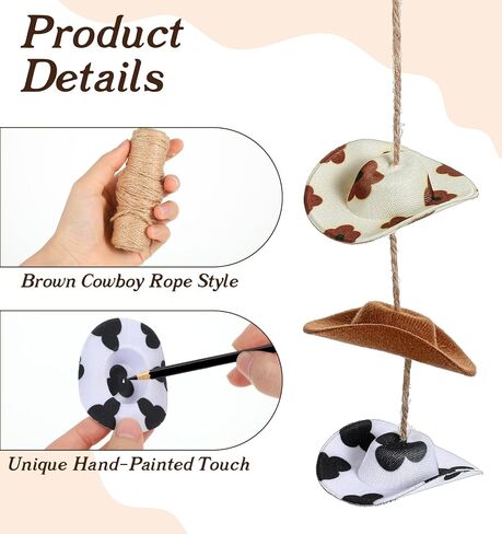 Western Car Accessories for Women, Car Charms for Rear View Mirror, Western Car Decor, Car Hanging Ornament for Women, Men, and Girls, Country Car Accessories with 3 Pcs Boho Cow Print Cowgirl Hat in Saudi Arabia
