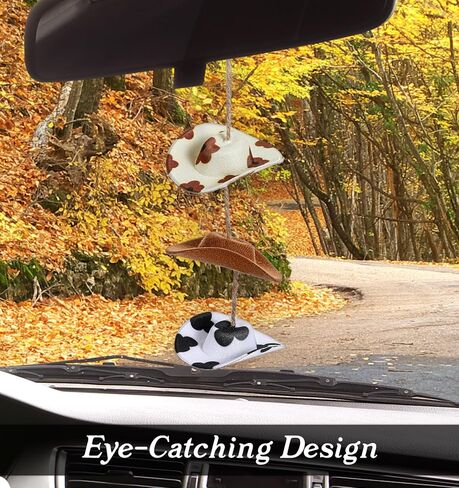 Western Car Accessories for Women, Car Charms for Rear View Mirror, Western Car Decor, Car Hanging Ornament for Women, Men, and Girls, Country Car Accessories with 3 Pcs Boho Cow Print Cowgirl Hat in Saudi Arabia
