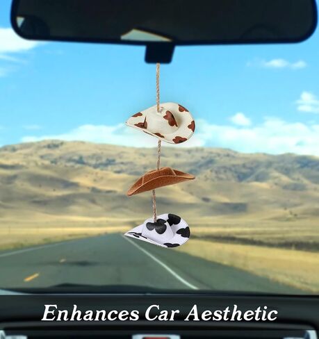 Western Car Accessories for Women, Car Charms for Rear View Mirror, Western Car Decor, Car Hanging Ornament for Women, Men, and Girls, Country Car Accessories with 3 Pcs Boho Cow Print Cowgirl Hat in Saudi Arabia