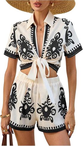 SweatyRocks Women's 2 Piece Boho Tie Front Blouse and Shorts Sets Summer Vacation Outfits in Saudi Arabia