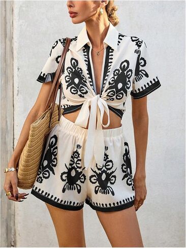SweatyRocks Women's 2 Piece Boho Tie Front Blouse and Shorts Sets Summer Vacation Outfits in Saudi Arabia