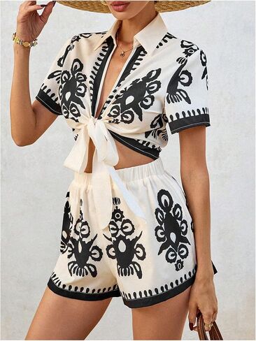 SweatyRocks Women's 2 Piece Boho Tie Front Blouse and Shorts Sets Summer Vacation Outfits in Saudi Arabia