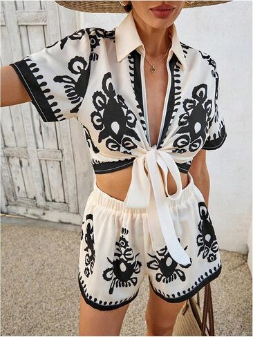 SweatyRocks Women's 2 Piece Boho Tie Front Blouse and Shorts Sets Summer Vacation Outfits in Saudi Arabia