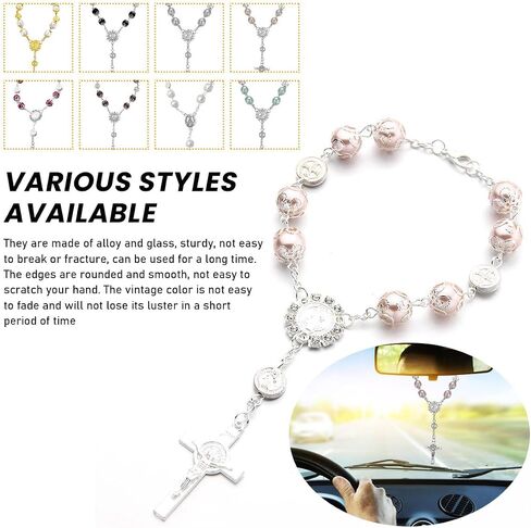 2 PCS Car Rosary for Rearview Mirror, Auto Rosary Religious Car Mirror Hanging Decoration, Personalized Rearview Cross Blessing Beads Decoration, Universal Car Accessories (White) in Saudi Arabia