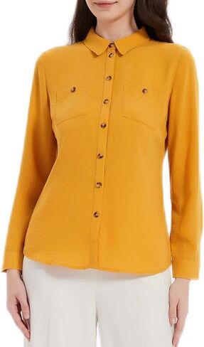 Women Button Down Shirt Long Sleeve Shirts Blouses Summer 2025 Office Dressy Casual Collared Tops Oxford Clothes with Pocket in Saudi Arabia