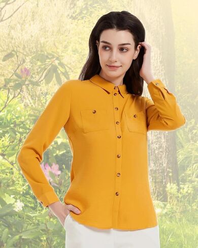 Women Button Down Shirt Long Sleeve Shirts Blouses Summer 2025 Office Dressy Casual Collared Tops Oxford Clothes with Pocket in Saudi Arabia
