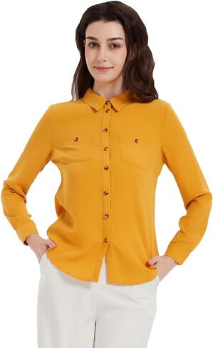 Women Button Down Shirt Long Sleeve Shirts Blouses Summer 2025 Office Dressy Casual Collared Tops Oxford Clothes with Pocket in Saudi Arabia