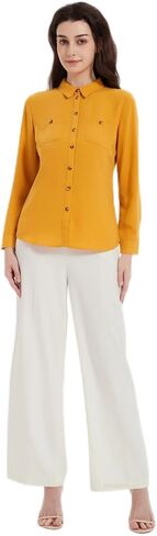 Women Button Down Shirt Long Sleeve Shirts Blouses Summer 2025 Office Dressy Casual Collared Tops Oxford Clothes with Pocket in Saudi Arabia