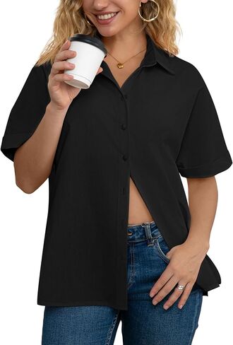 AISEW Womens Cotton Button Down Short Sleeve Shirts Summer Casual Dress Shirt Collared Work Office Blouse in Saudi Arabia