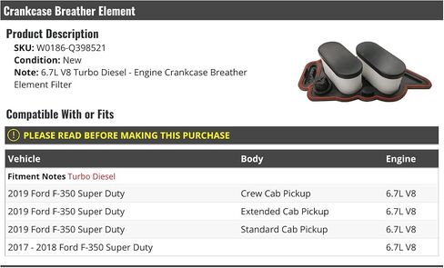 Crankcase Breather Element - Compatible with 2017-2019 Ford F-350 Super Duty 6.7L V8 Turbo Diesel in Saudi Arabia