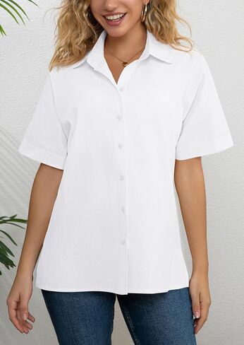 AISEW Womens Cotton Button Down Short Sleeve Shirts Summer Casual Dress Shirt Collared Work Office Blouse in Saudi Arabia