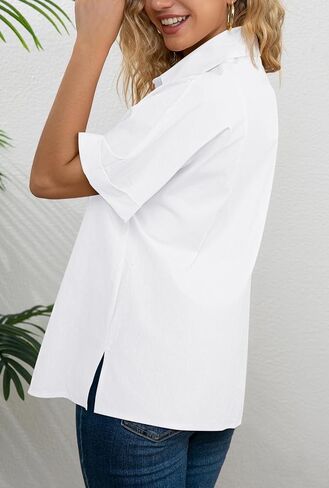 AISEW Womens Cotton Button Down Short Sleeve Shirts Summer Casual Dress Shirt Collared Work Office Blouse in Saudi Arabia