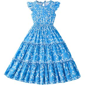 Girls Dress, Summer Clothes Flutter Sleeve, Elastic Waist, A-Line, Casual, for 7-14 Years Kids in Saudi Arabia