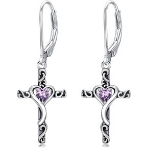 Toupop Birthstone Cross Earrings 925 Sterling Silver Heart Cross Dangle Drop arcs Gine Jewelry Higring Higrings for Women Friendy in Saudi Arabia