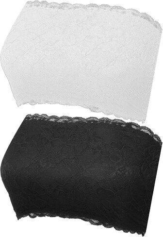 Lace Tube Top Bra, 2 Pcs Strapless Lace Bandeau Bra for Low Cut Dress Front Stretch Bralette for Low Neckline Cleavage Cover White, Black in Saudi Arabia