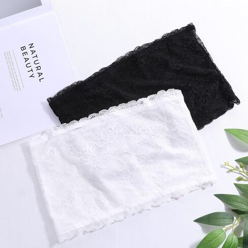 Lace Tube Top Bra, 2 Pcs Strapless Lace Bandeau Bra for Low Cut Dress Front Stretch Bralette for Low Neckline Cleavage Cover White, Black in Saudi Arabia