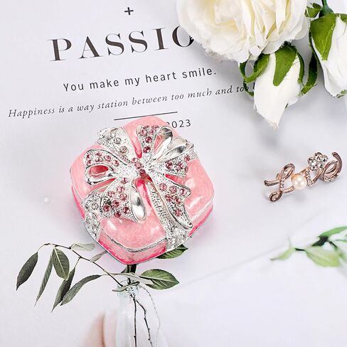 Elldoo Mini Trinket Box ، Bow-Bow-Hift Box Style Box box Box Vintage Metal Metaled Box Ring Earrings Jewelry Organizer Square Gift for Women ، Pink in Kuwait