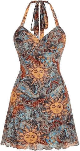 Milumia Women's Vintage Tie Back Halter Dress Buho Print Mesh Dresses Short in Kuwait