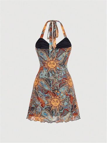 Milumia Women's Vintage Tie Back Halter Dress Buho Print Mesh Dresses Short in Kuwait