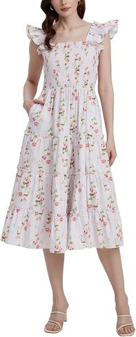 Women's Floral Smocked Midi Dress Square Neck Ruffle Strap Sleeveless Flowy A-Line Long Beach Sundress in Saudi Arabia